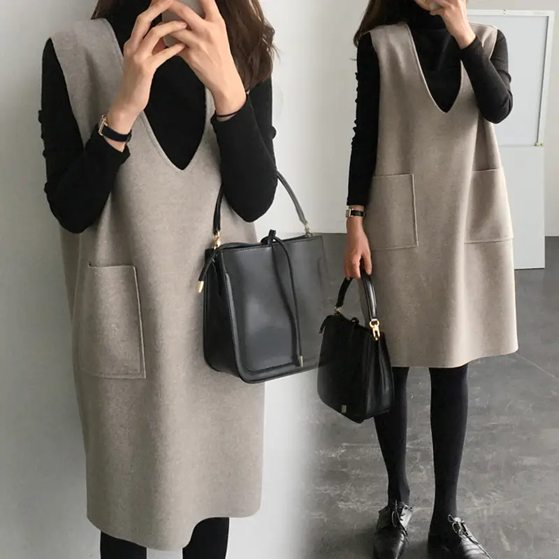 Women Woolen Vest Dress Autumn Winter 2020 Grey