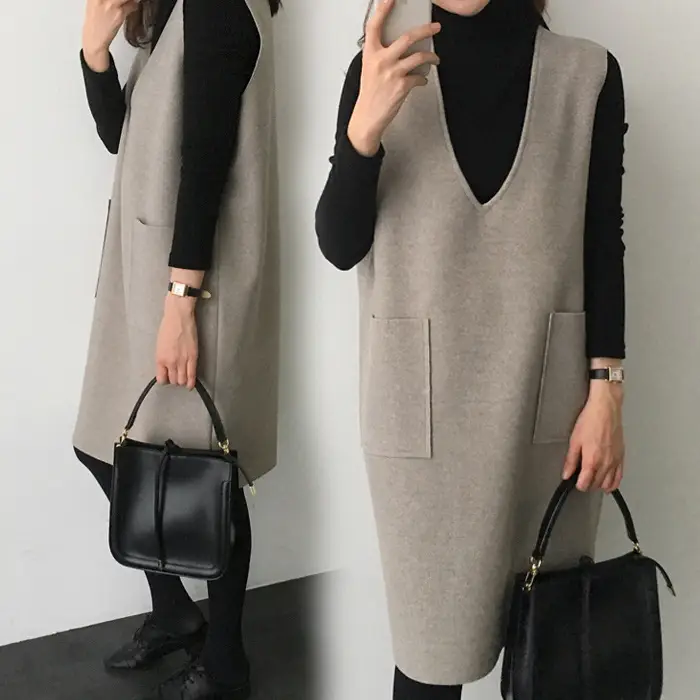 Women Woolen Vest Dress Autumn Winter 2020 Grey - Image 10
