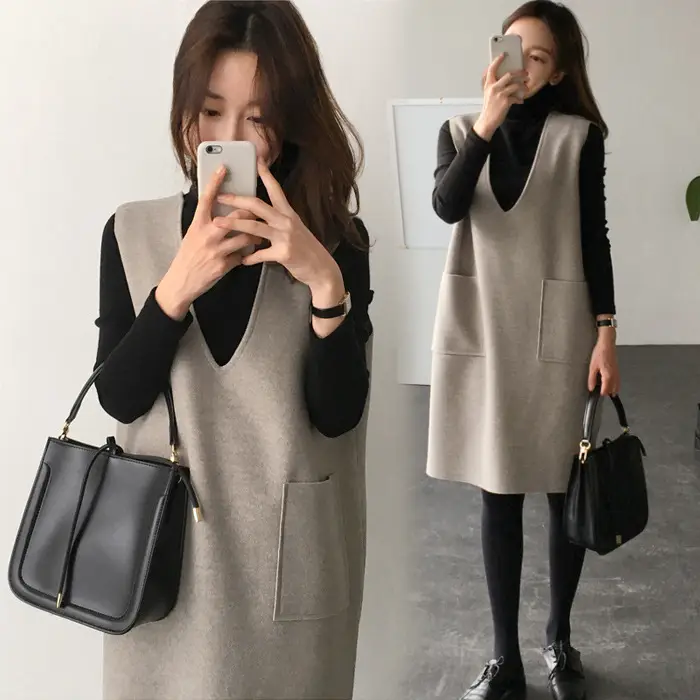 Women Woolen Vest Dress Autumn Winter 2020 Grey - Image 11