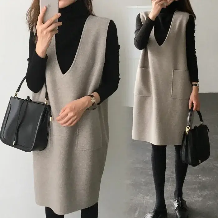 Women Woolen Vest Dress Autumn Winter 2020 Grey - Image 6