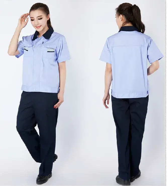 Women Light Blue Short Sleeve Work Uniform Shirt - Image 9