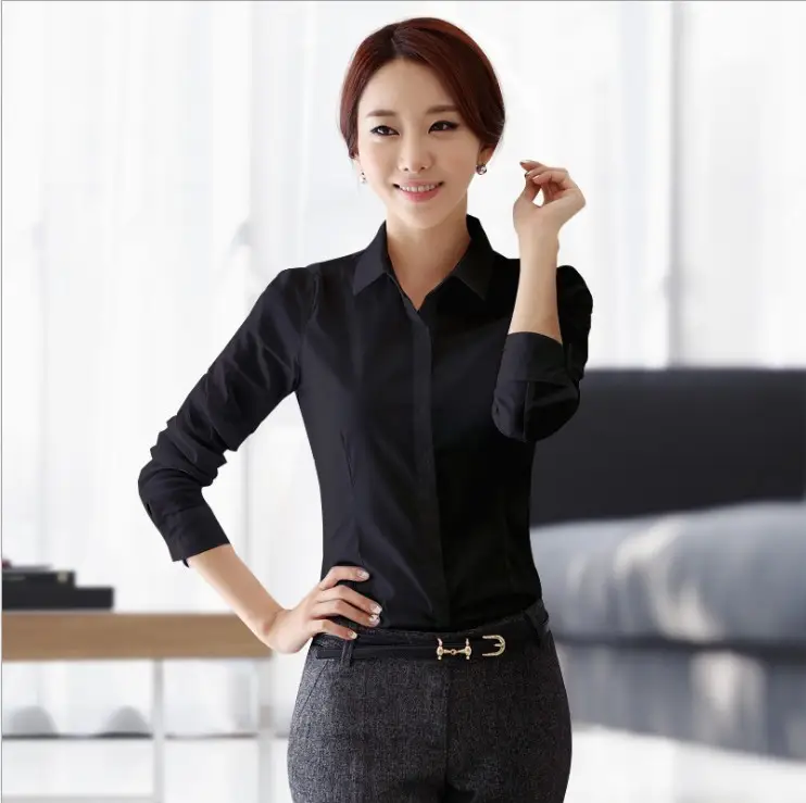 Korean Style Women's Black Long Sleeve Business Shirt Large