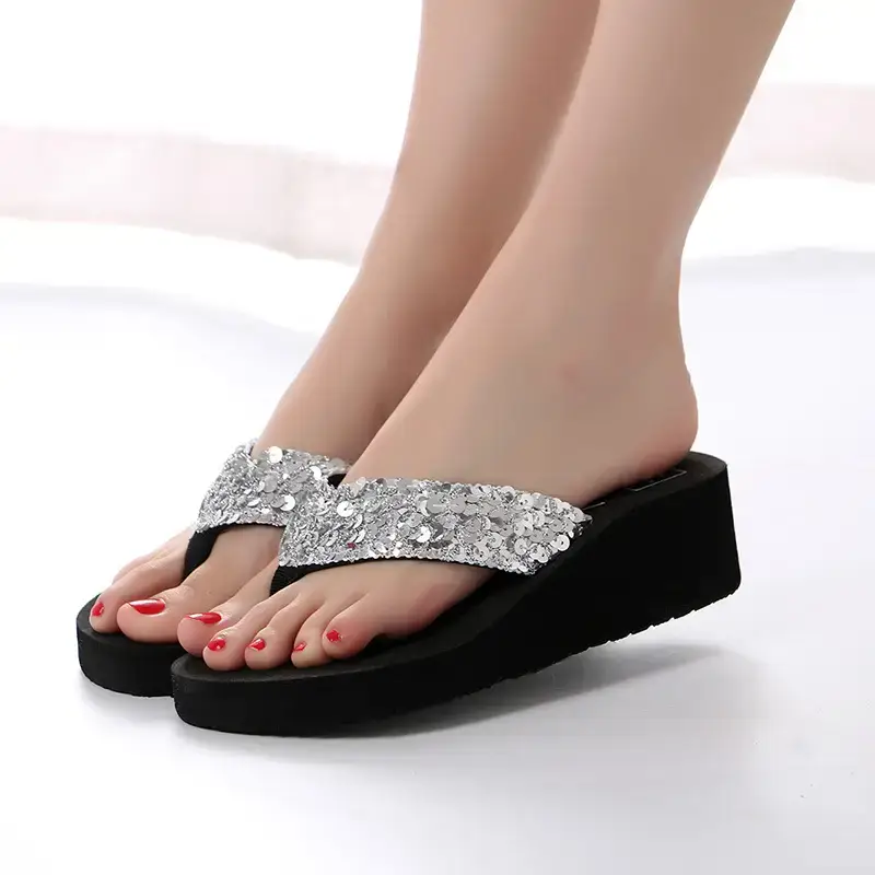Gold Glitter Wedge Heel Flip Flops for Women