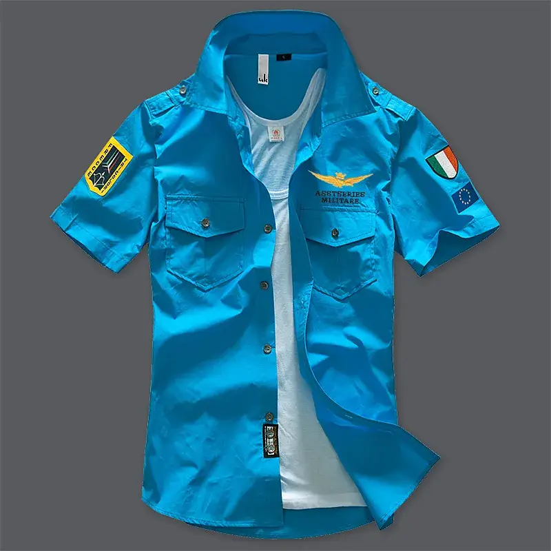 Korean Style Cotton Embroidered Short Sleeve Shirt Navy Blue - Image 11
