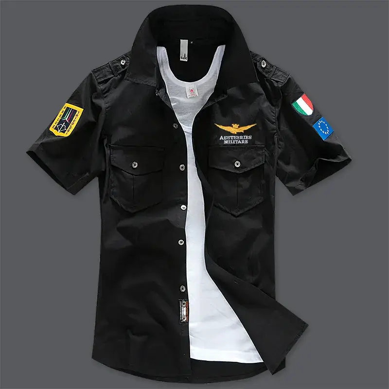 Korean Style Cotton Embroidered Short Sleeve Shirt Navy Blue - Image 12