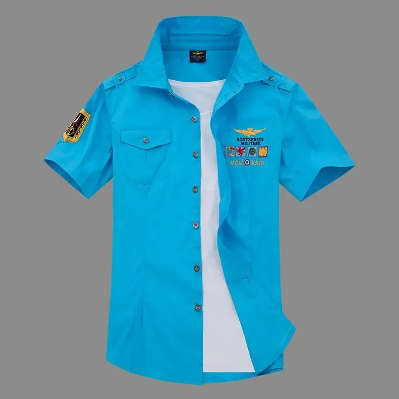 Korean Style Cotton Embroidered Short Sleeve Shirt Navy Blue - Image 9