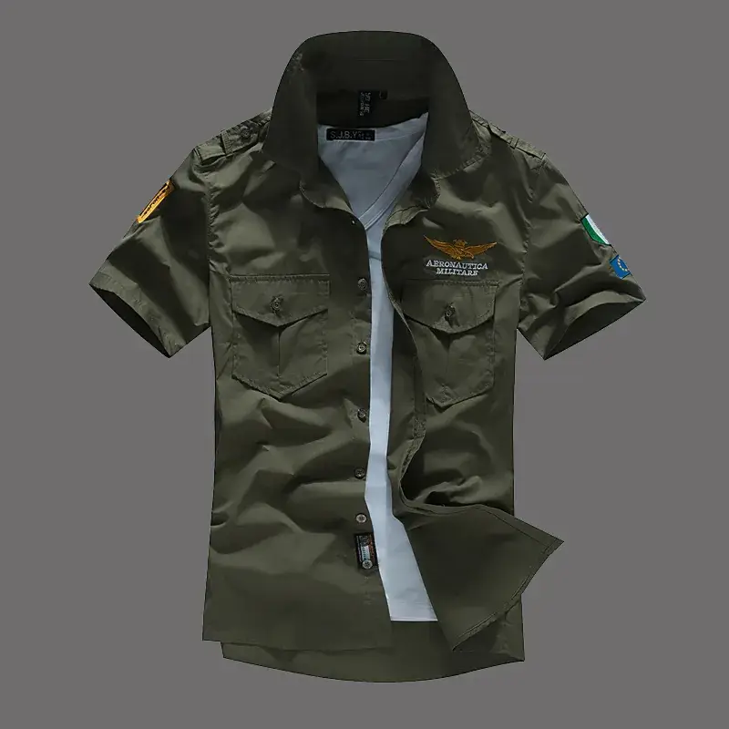 Korean Style Cotton Embroidered Short Sleeve Shirt Navy Blue - Image 4
