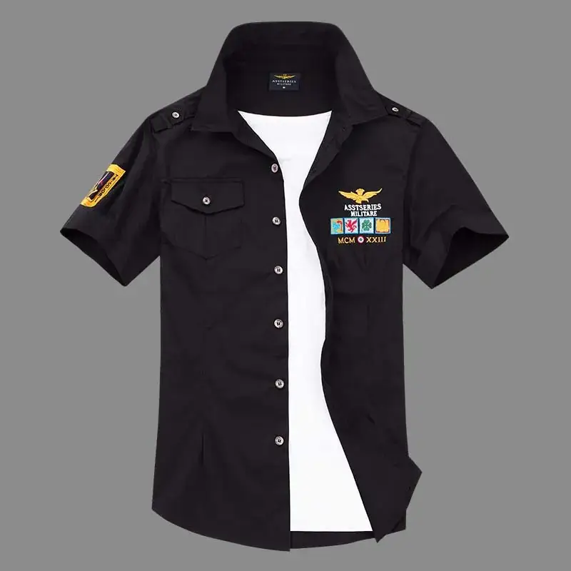 Korean Style Cotton Embroidered Short Sleeve Shirt Navy Blue - Image 5
