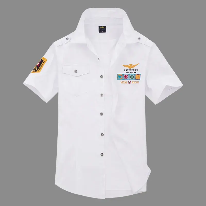 Korean Style Cotton Embroidered Short Sleeve Shirt Navy Blue - Image 6