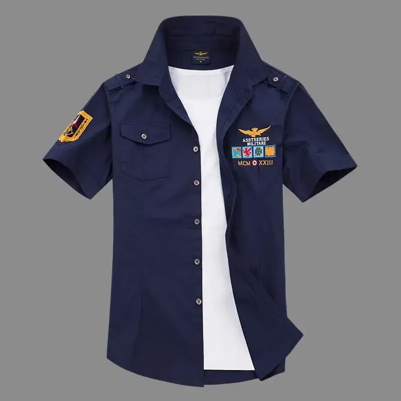 Korean Style Cotton Embroidered Short Sleeve Shirt Navy Blue - Image 7