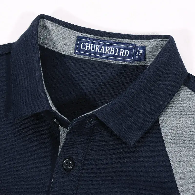 Men Cotton Polo Shirt Navy Blue Button Long Sleeve - Image 2