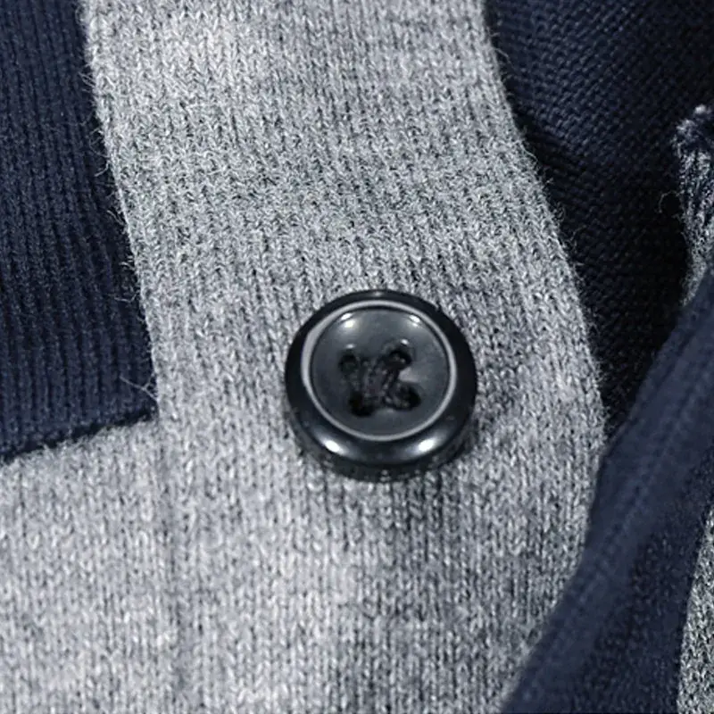 Men Cotton Polo Shirt Navy Blue Button Long Sleeve - Image 4