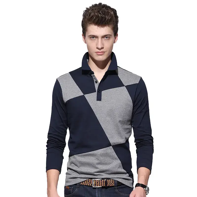 Men Cotton Polo Shirt Navy Blue Button Long Sleeve - Image 5