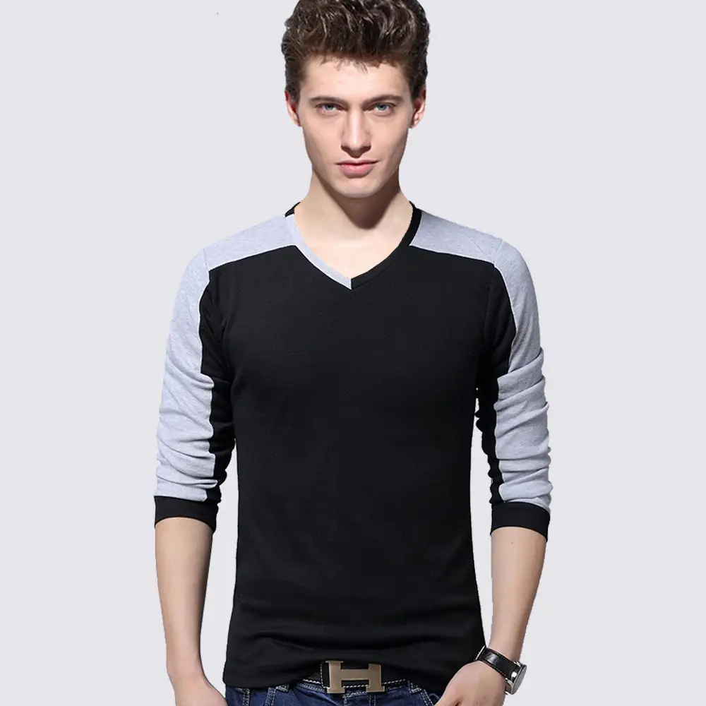 Men V-Neck Long Sleeve T-Shirt Black White