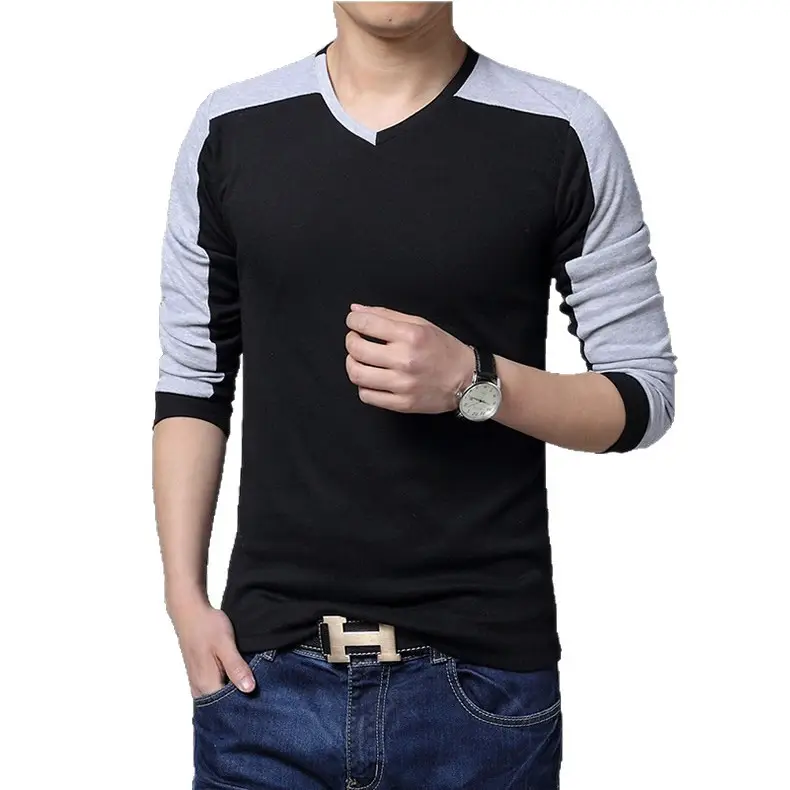 Men V-Neck Long Sleeve T-Shirt Black White - Image 3