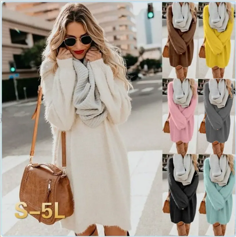 Women's Mid-Length Plush Round Neck Dress Grey