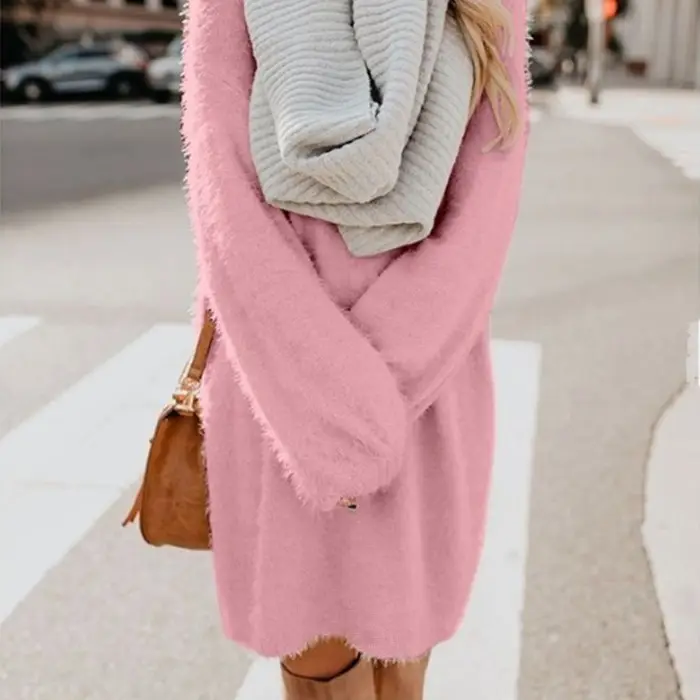 Women's Mid-Length Plush Round Neck Dress Grey