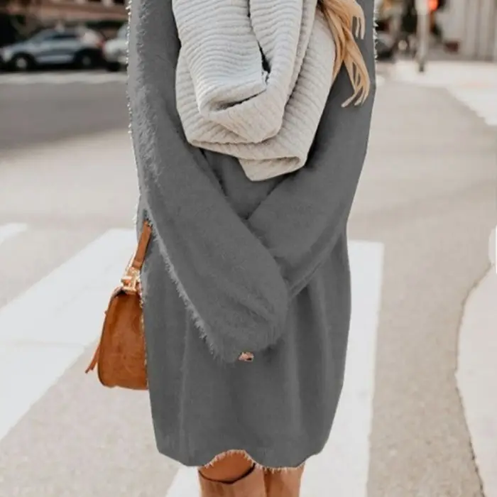 Women's Mid-Length Plush Round Neck Dress Grey