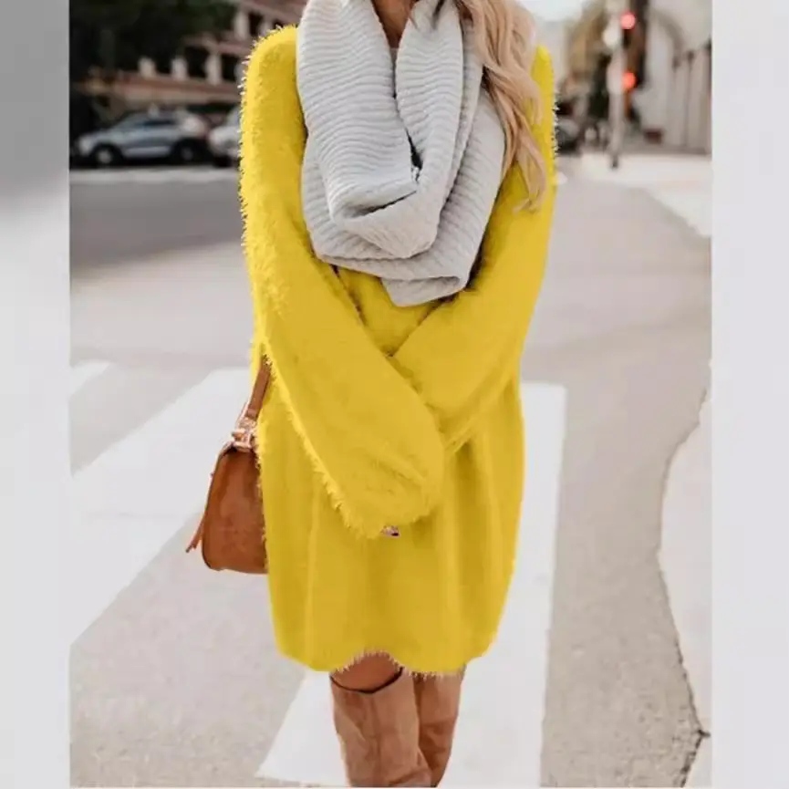 Women's Mid-Length Plush Round Neck Dress Grey