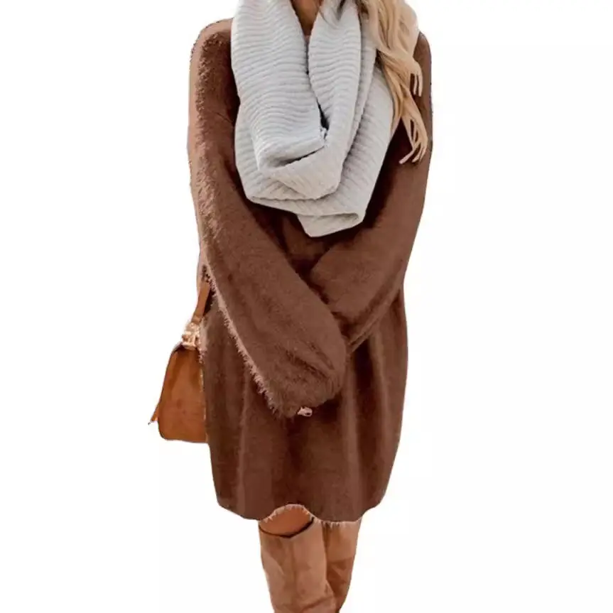 Women's Mid-Length Plush Round Neck Dress Grey