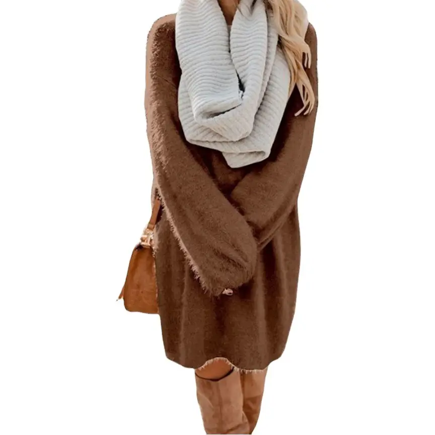 Women's Mid-Length Plush Round Neck Dress Grey