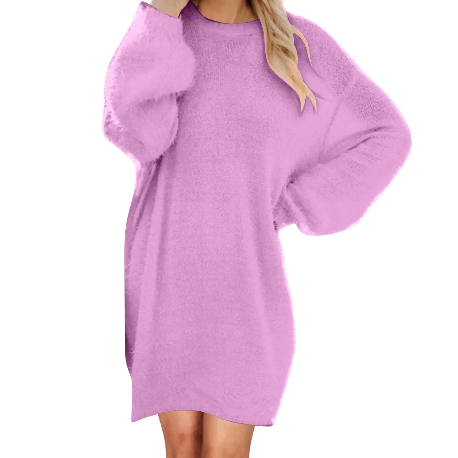 Women's Mid-Length Plush Round Neck Dress Grey