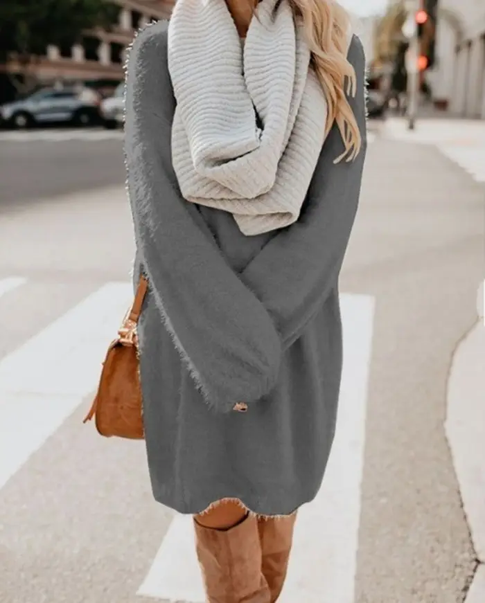 Women's Mid-Length Plush Round Neck Dress Grey