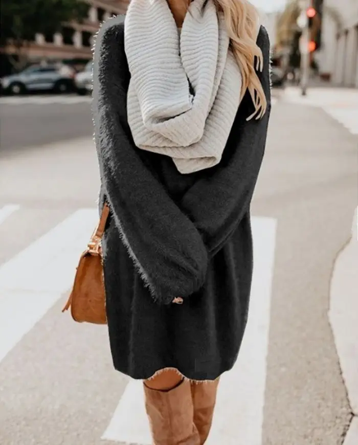 Women's Mid-Length Plush Round Neck Dress Grey