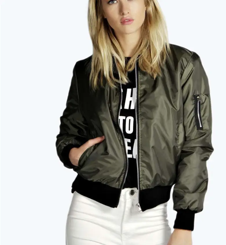 Women Bomber Jacket Olive Green Zipper Winter Jacket - Image 2