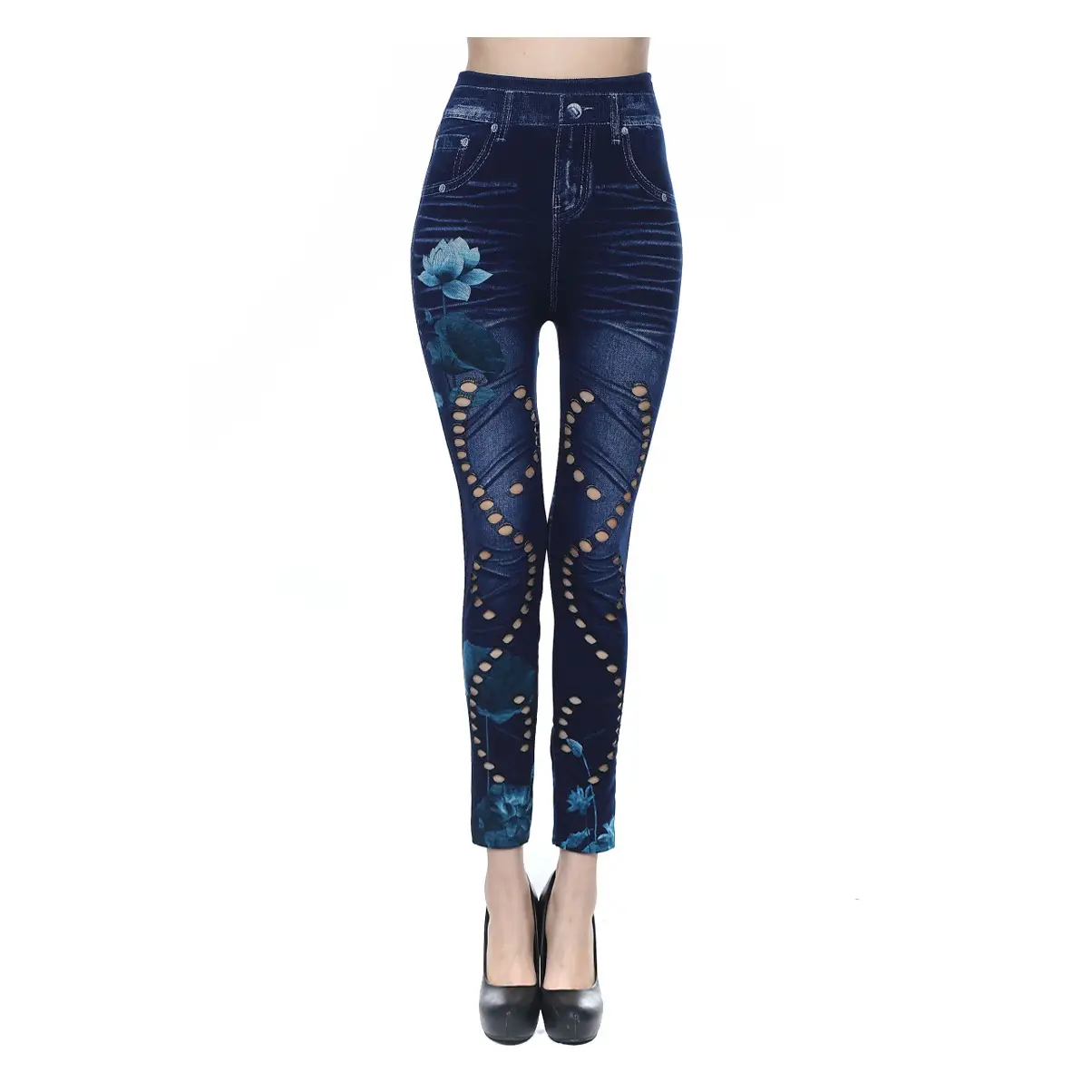 Seamless Imitation Denim Leggings with Heart & Wave Print - Image 5