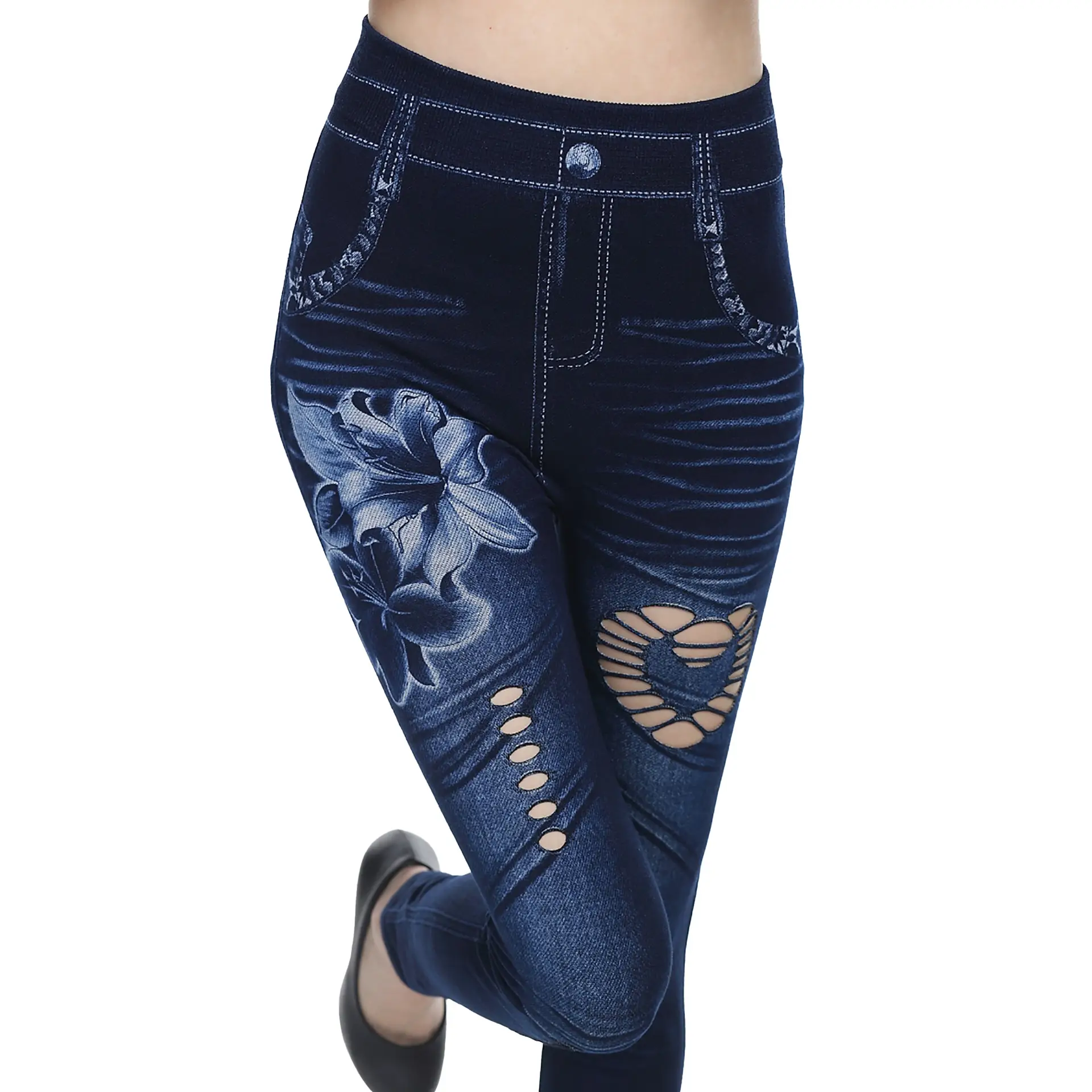 Seamless Imitation Denim Leggings with Heart & Wave Print - Image 7