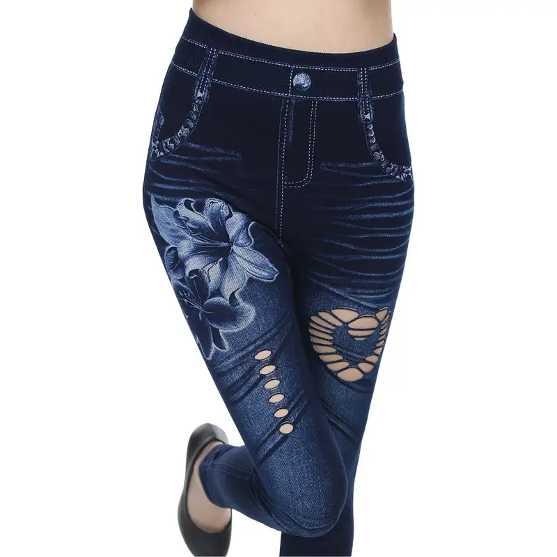 Seamless Imitation Denim Leggings with Heart & Wave Print