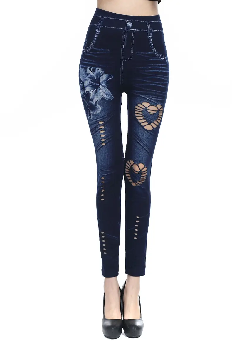 Seamless Imitation Denim Leggings with Heart & Wave Print — feature 1