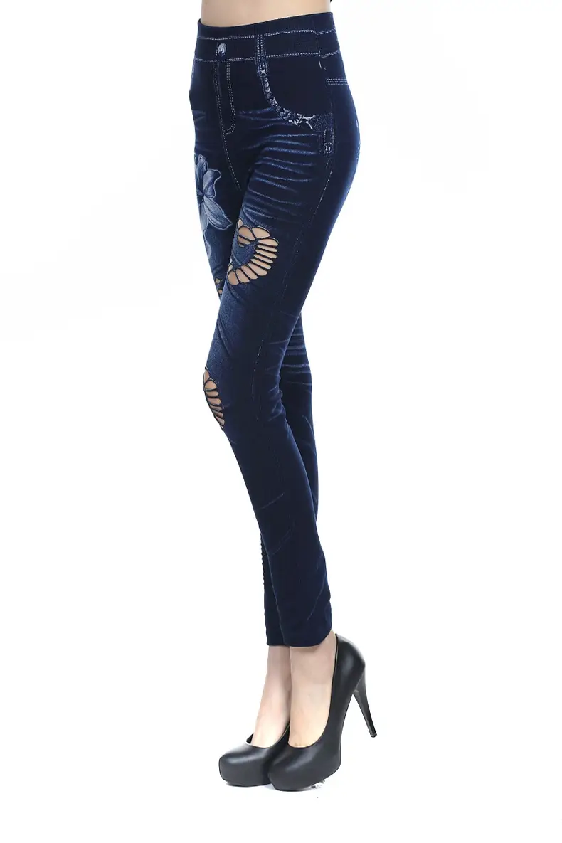 Seamless Imitation Denim Leggings with Heart & Wave Print — feature 2