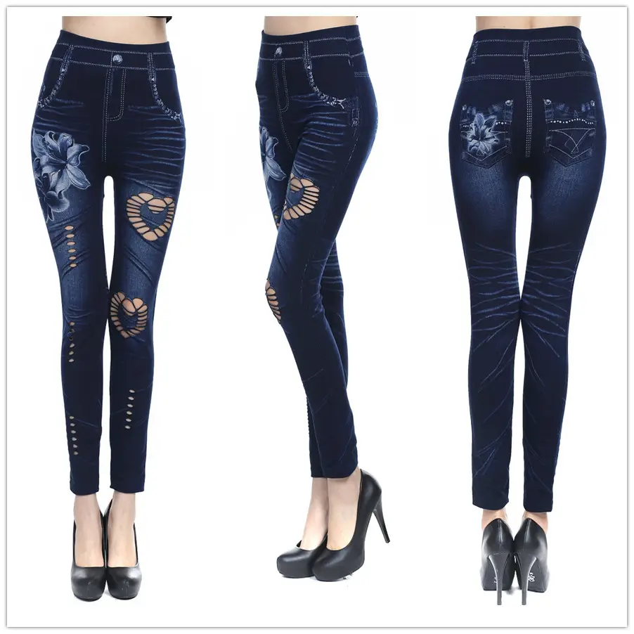 Seamless Imitation Denim Leggings with Heart & Wave Print — feature 4