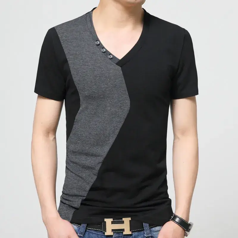 Men V-Neck Cotton T-Shirt Black Grey Large - Image 3