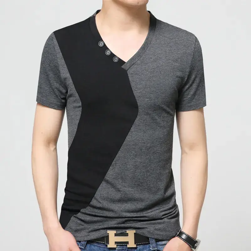 Men V-Neck Cotton T-Shirt Black Grey Large - Image 4