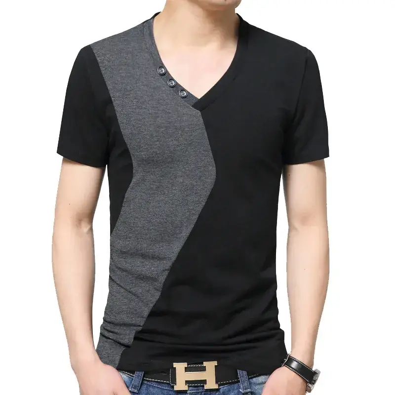 Men V-Neck Cotton T-Shirt Black Grey Large - Image 7