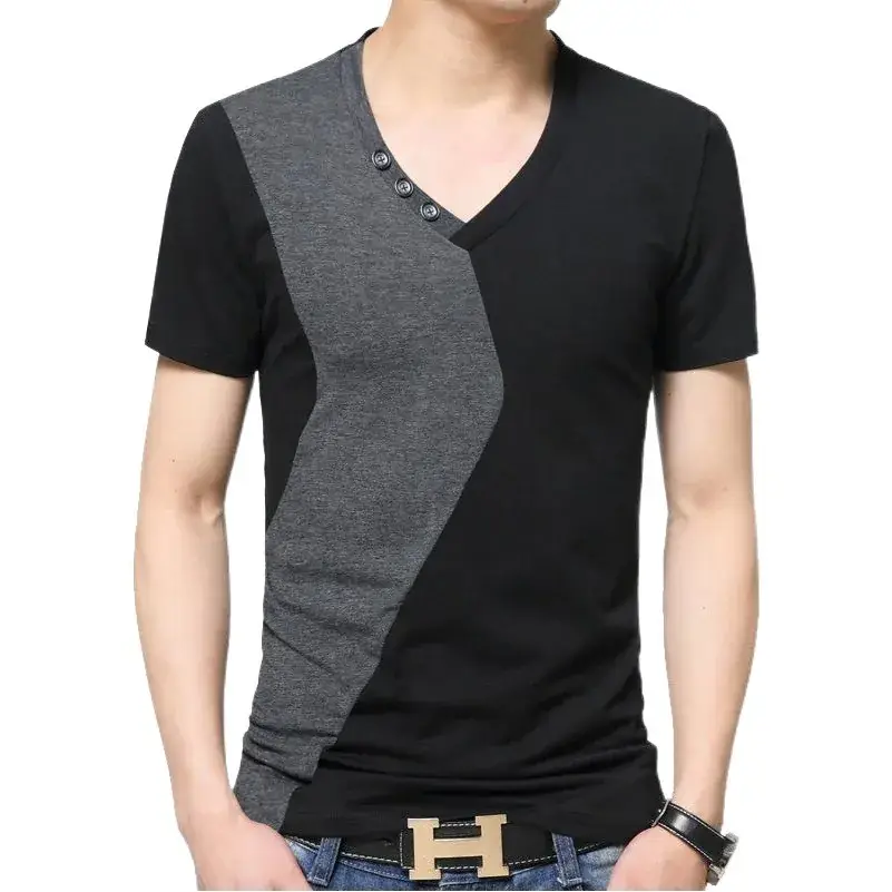Men V-Neck Cotton T-Shirt Black Grey Large