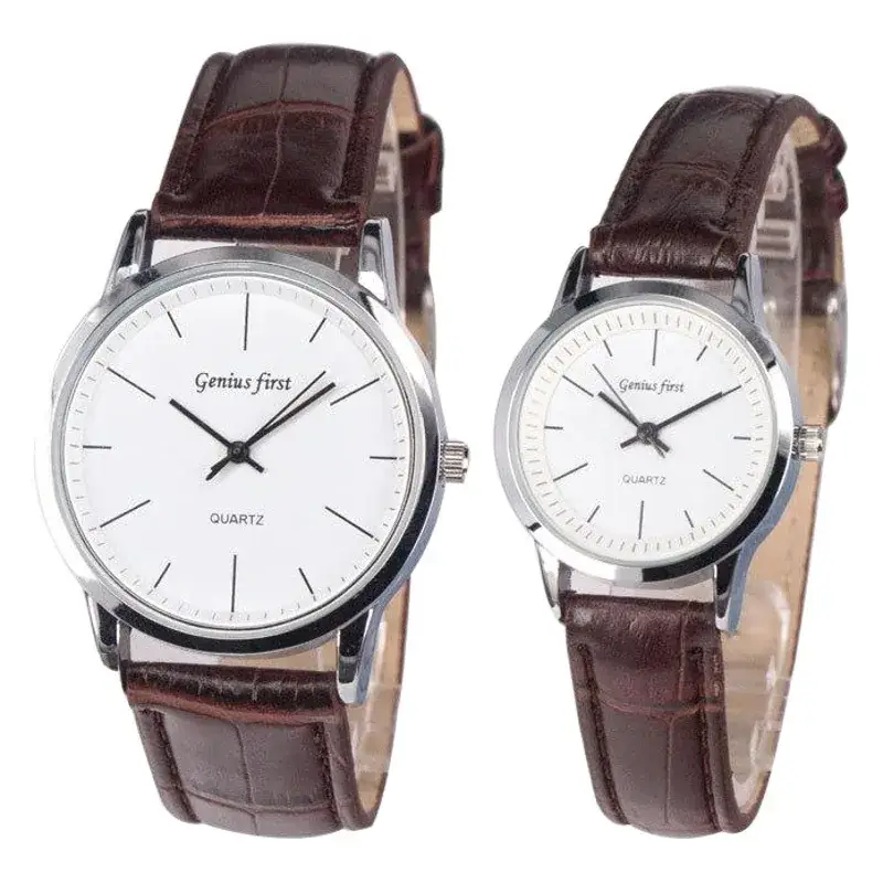 Cross-Border Alloy Couple Watches with Leather Straps