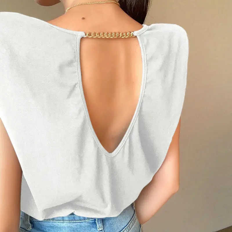 Women's 2021 Shoulder Backless T-Shirt Black - Image 10