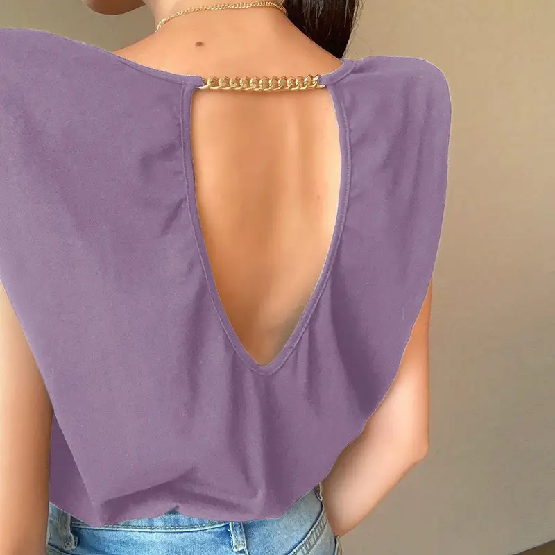 Women's 2021 Shoulder Backless T-Shirt Black - Image 3