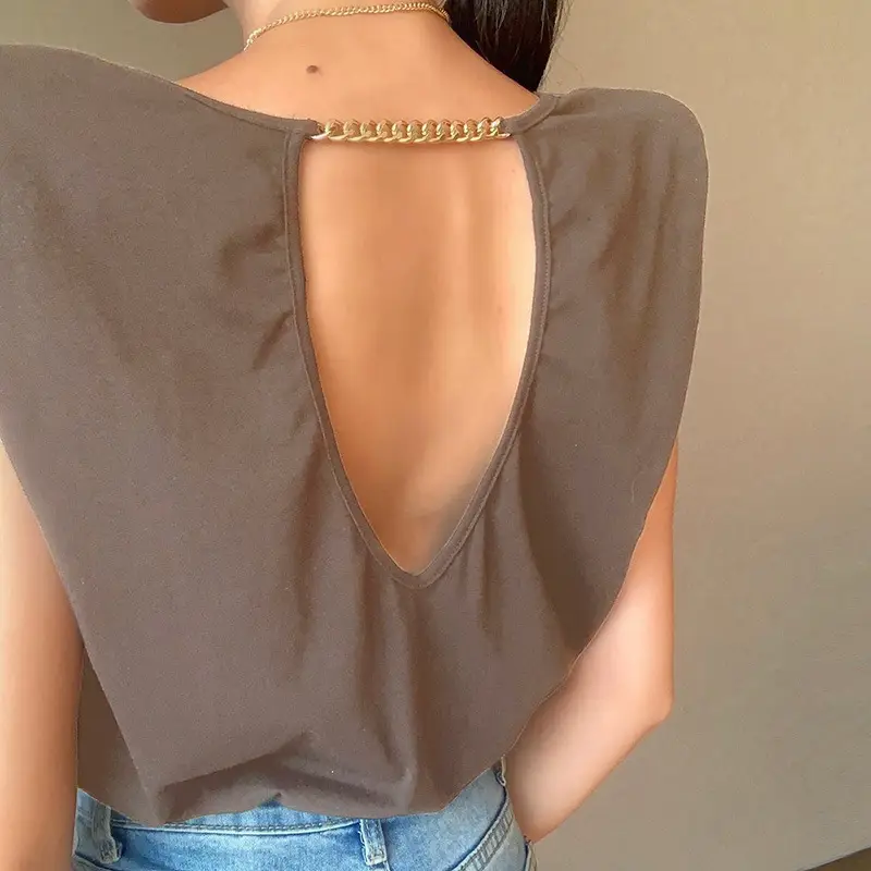 Women's 2021 Shoulder Backless T-Shirt Black - Image 5