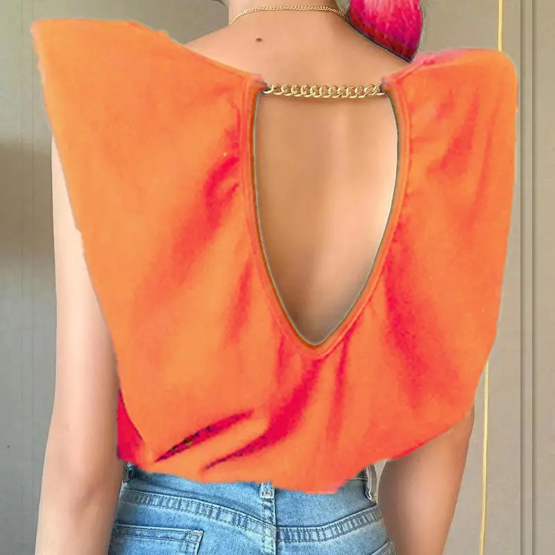 Women's 2021 Shoulder Backless T-Shirt Black - Image 8