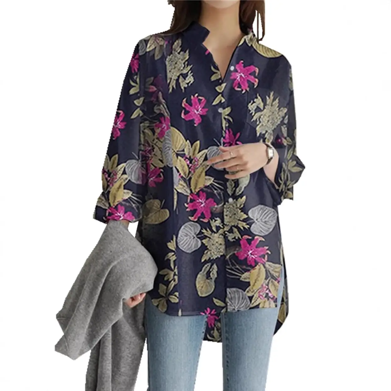 Women Printed Linen Shirt Irregular Long Sleeve Plus Size - Image 5