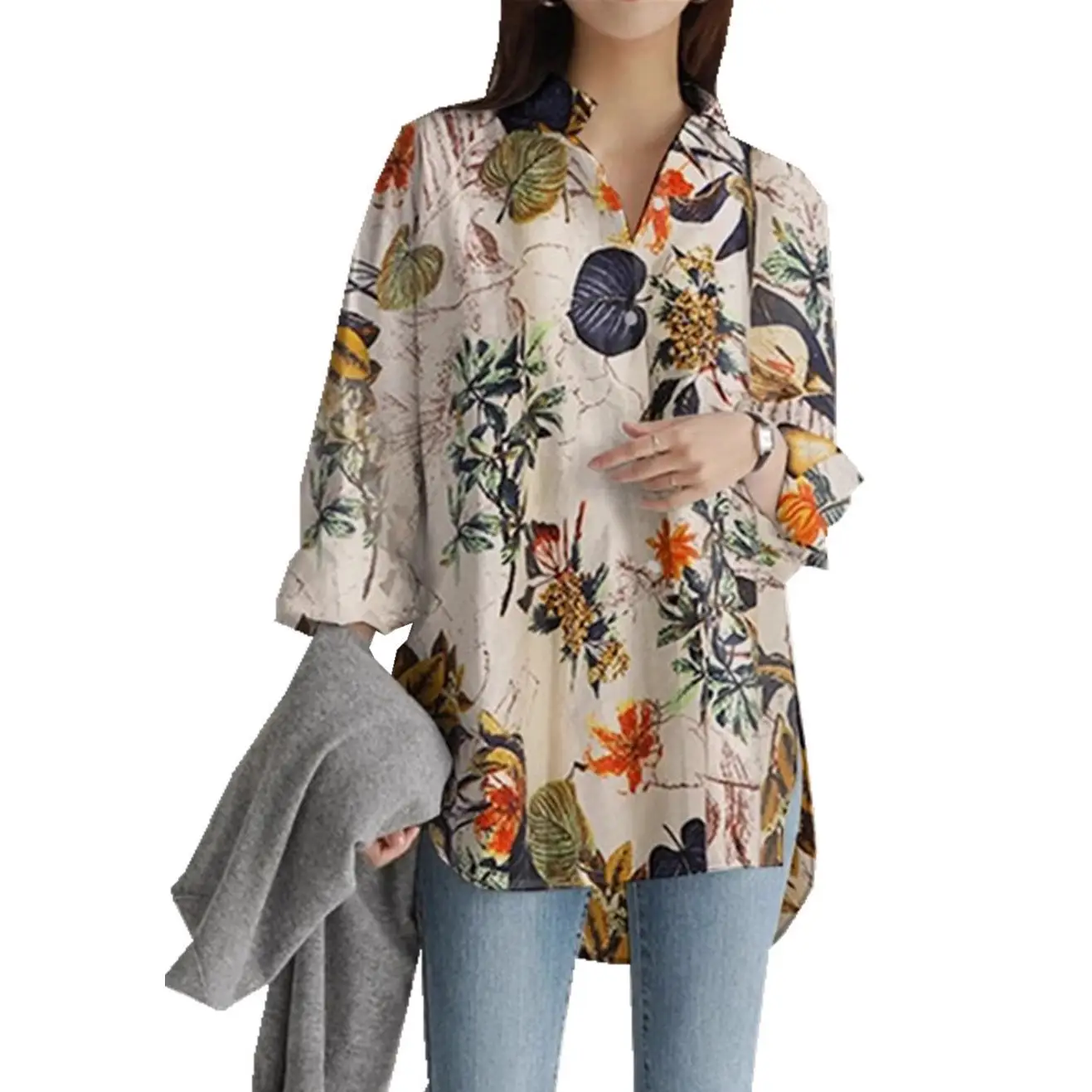 Women Printed Linen Shirt Irregular Long Sleeve Plus Size - Image 6