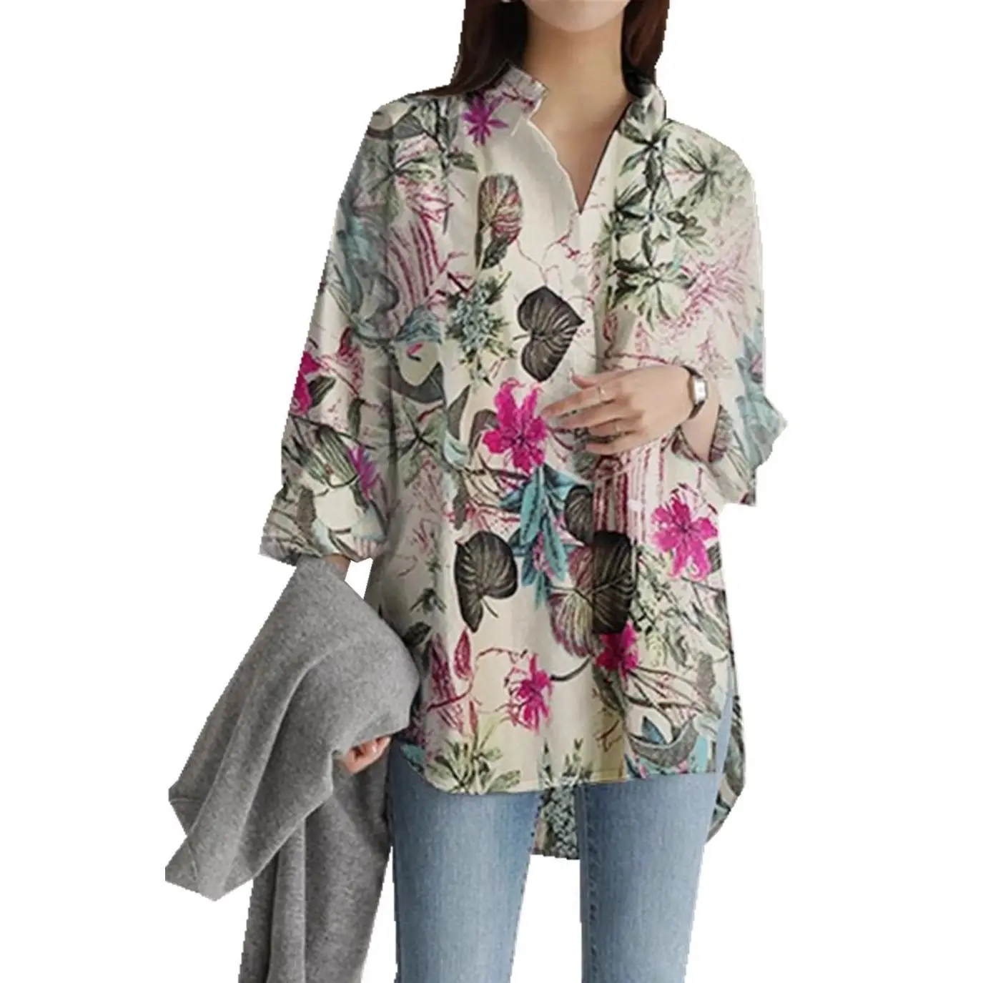 Women Printed Linen Shirt Irregular Long Sleeve Plus Size - Image 7