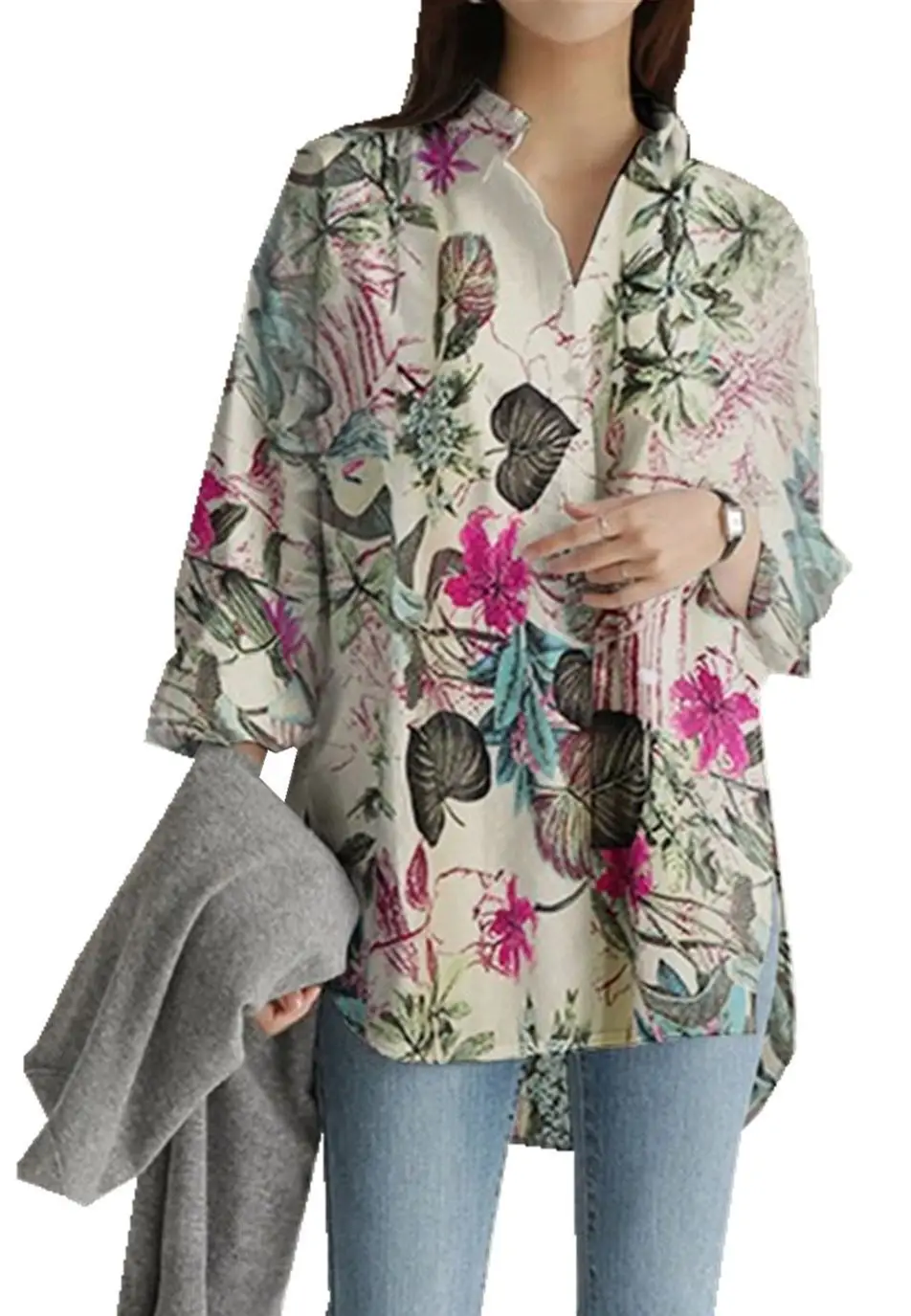 Women Printed Linen Shirt Irregular Long Sleeve Plus Size - Image 2
