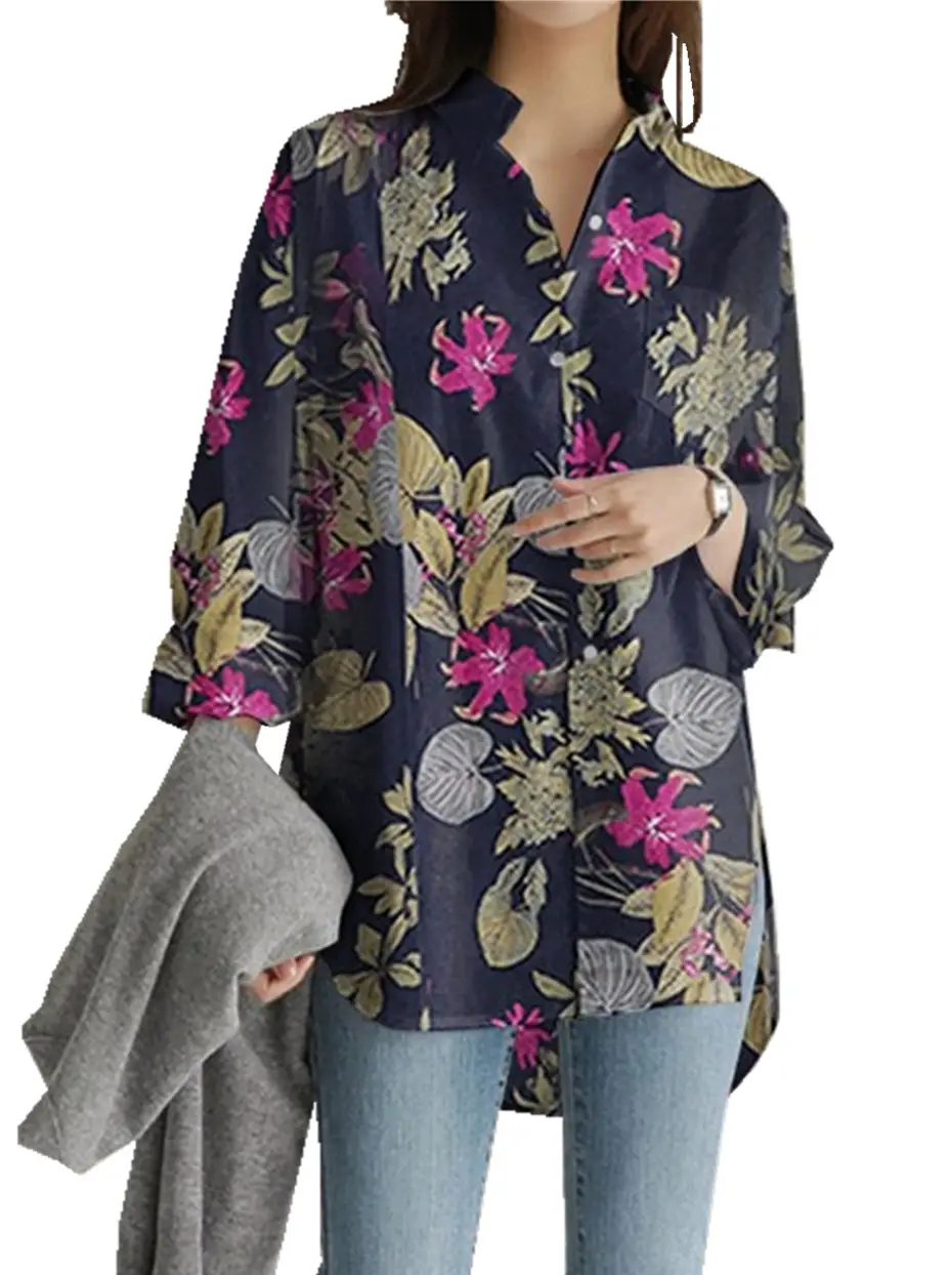 Women Printed Linen Shirt Irregular Long Sleeve Plus Size - Image 3