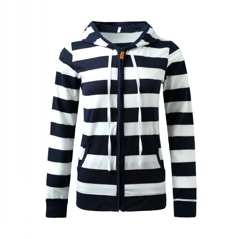 Long Sleeve Zipper Hooded Sweatshirt Striped Navy White